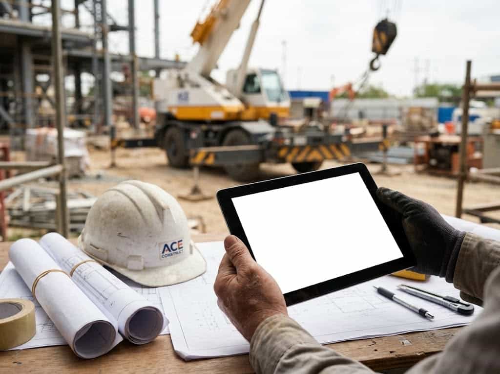 Site engineer holding a tablet with a mobile crane behind